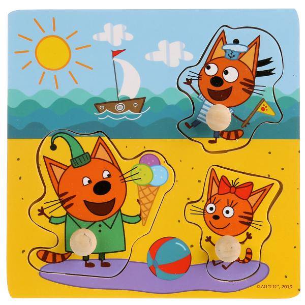 Игрушка деревянная "Три Кота" вкладыши летние каникулы, 15х15 см. Буратино игрушки из дерева 1003-CATS