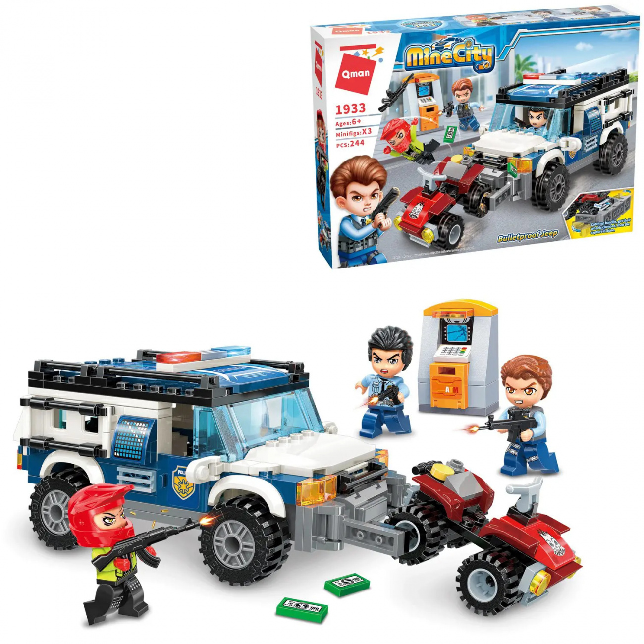 Конструктор Qman серия MineCity Полицейский джип догоняет преступника на квадроцикле 244 детали 1933q