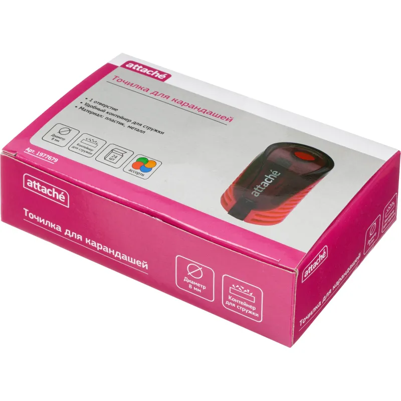 Точилка для карандашей, 1 отв, с контейнером, цв в ассорт, металл, пластик Attache 1977679