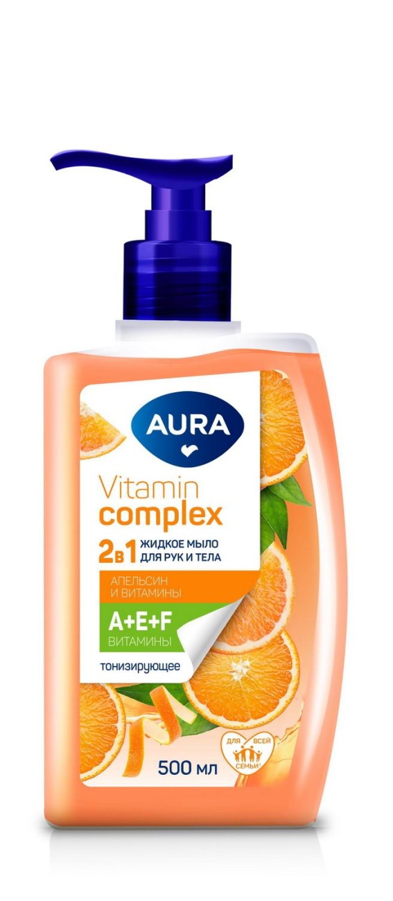 Жидкое мыло AURA Vitamin Complex 2в1 для рук и тела Апельсин и витамины флакон/дозатор 500мл 4752171018167