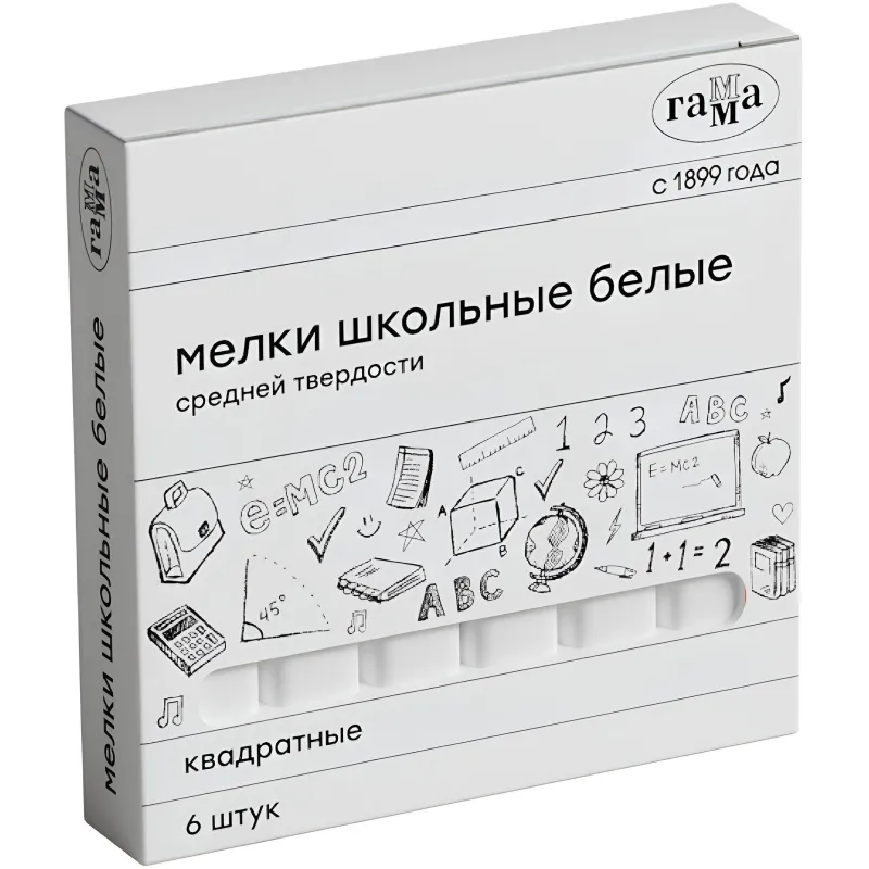 Мел школьный Гамма,бел, наб.6шт.средн тверд,квадратн, картон кор,280120214 2068665