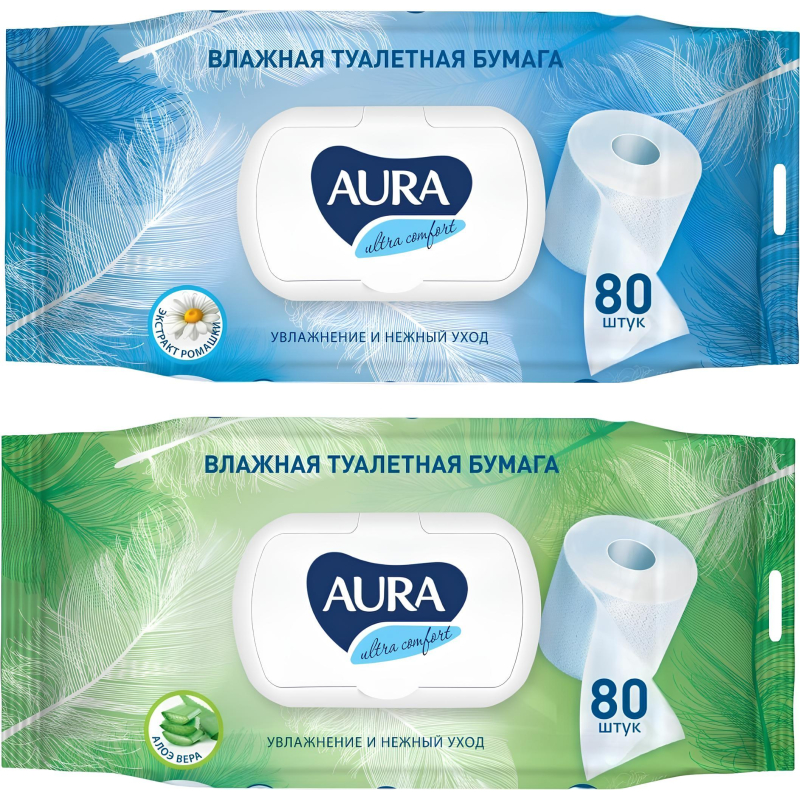 Бумага туалетная влажная AURA ULTRA COMFORT с крышкой 80шт/уп 1573904 7823/14055