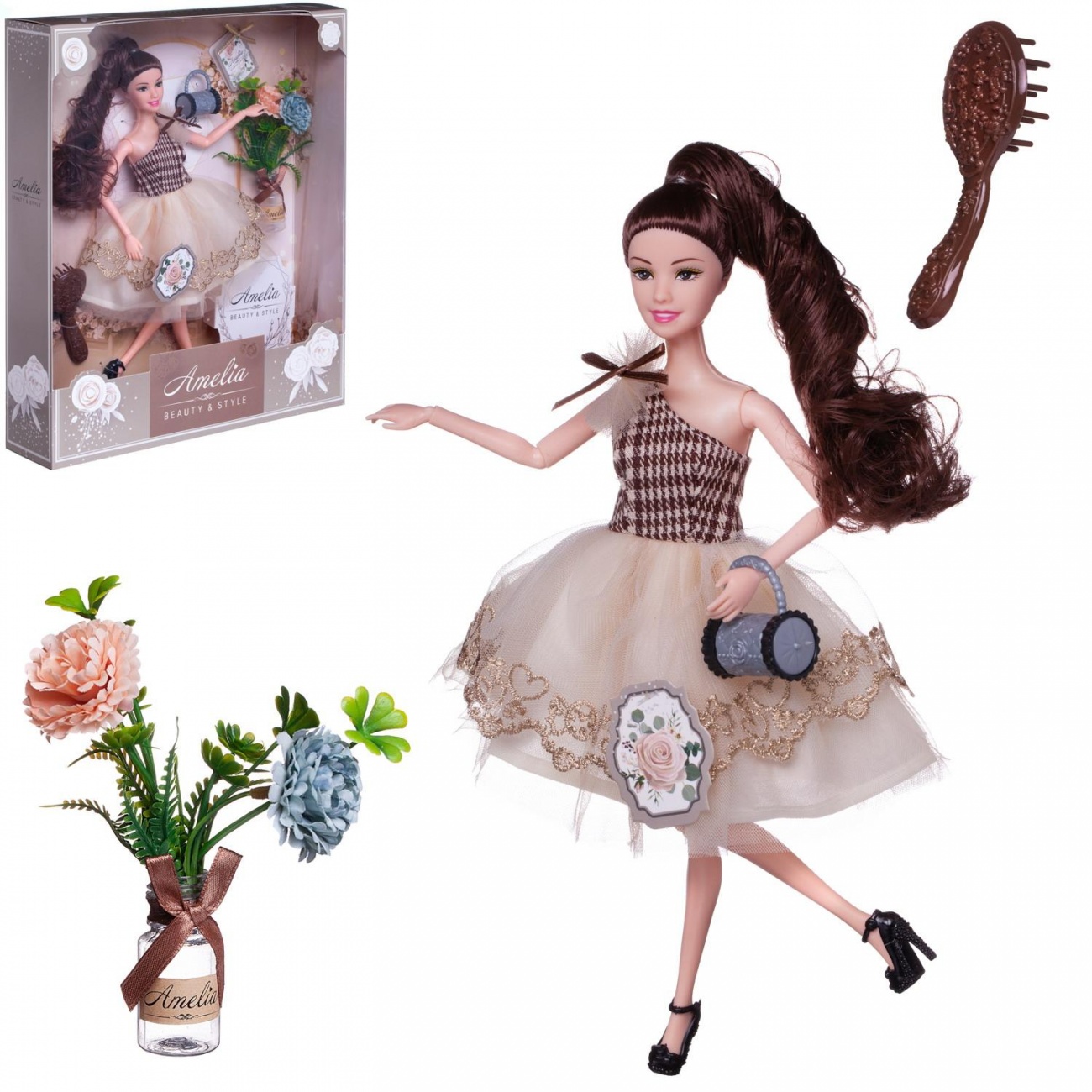 Кукла ABtoys Amelia. Современный шик в платье с многослойной юбкой, темные волосы 30см PT-01616