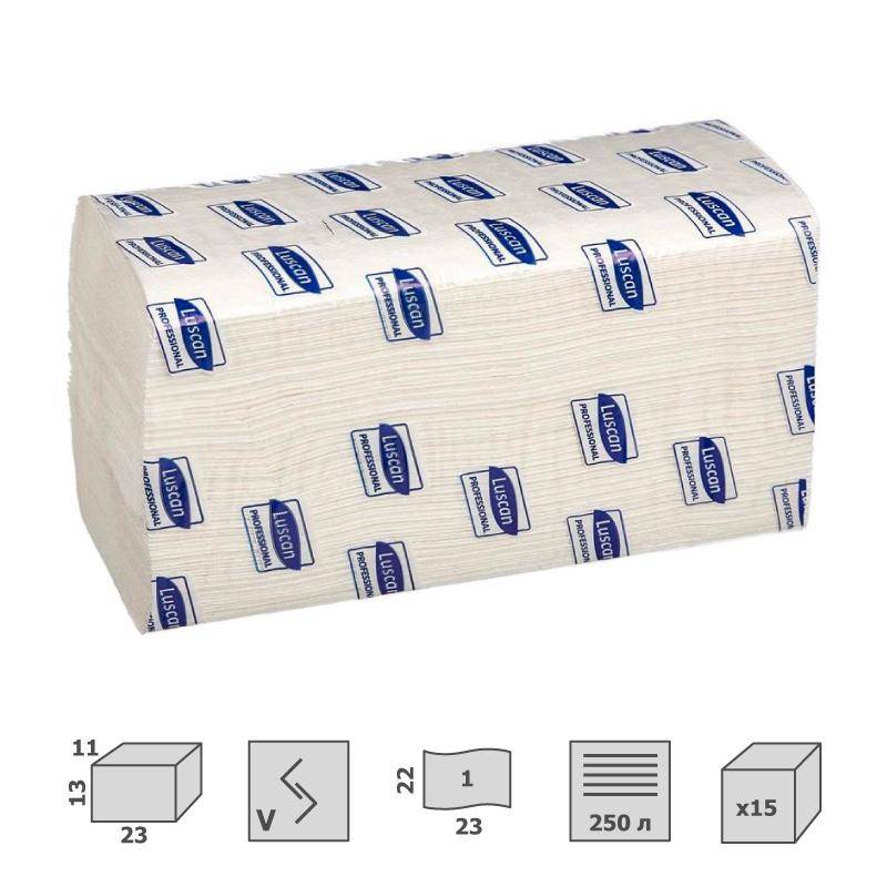 Полотенца бумажные лыев Luscan Professional V-сложения 1-слойные 15 пачек по 250 л (арт.601117)
