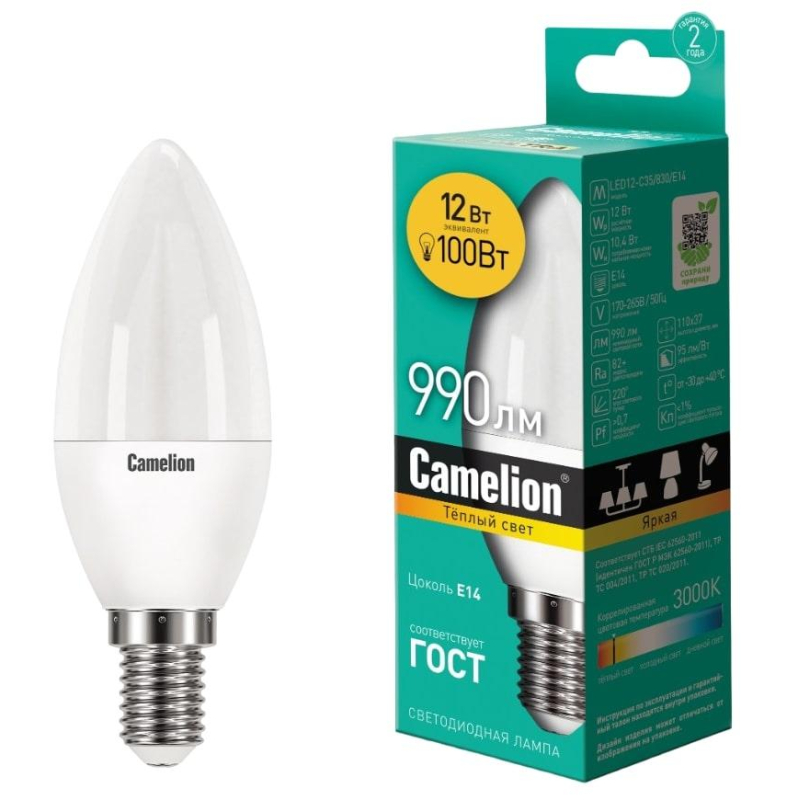 Лампа светодиодная Camelion LED12-C35/830/E14 12Вт 220В 1681738 13687