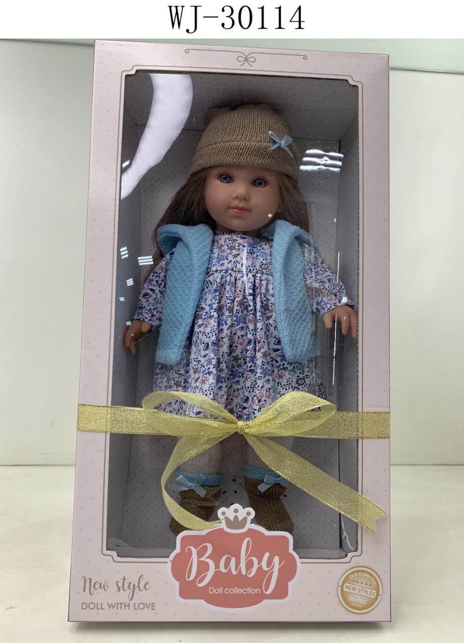 Кукла Junfa в теплой одежде: в бело-голубом платье, голубом жилете, темном шапке 45 см WJ-30114