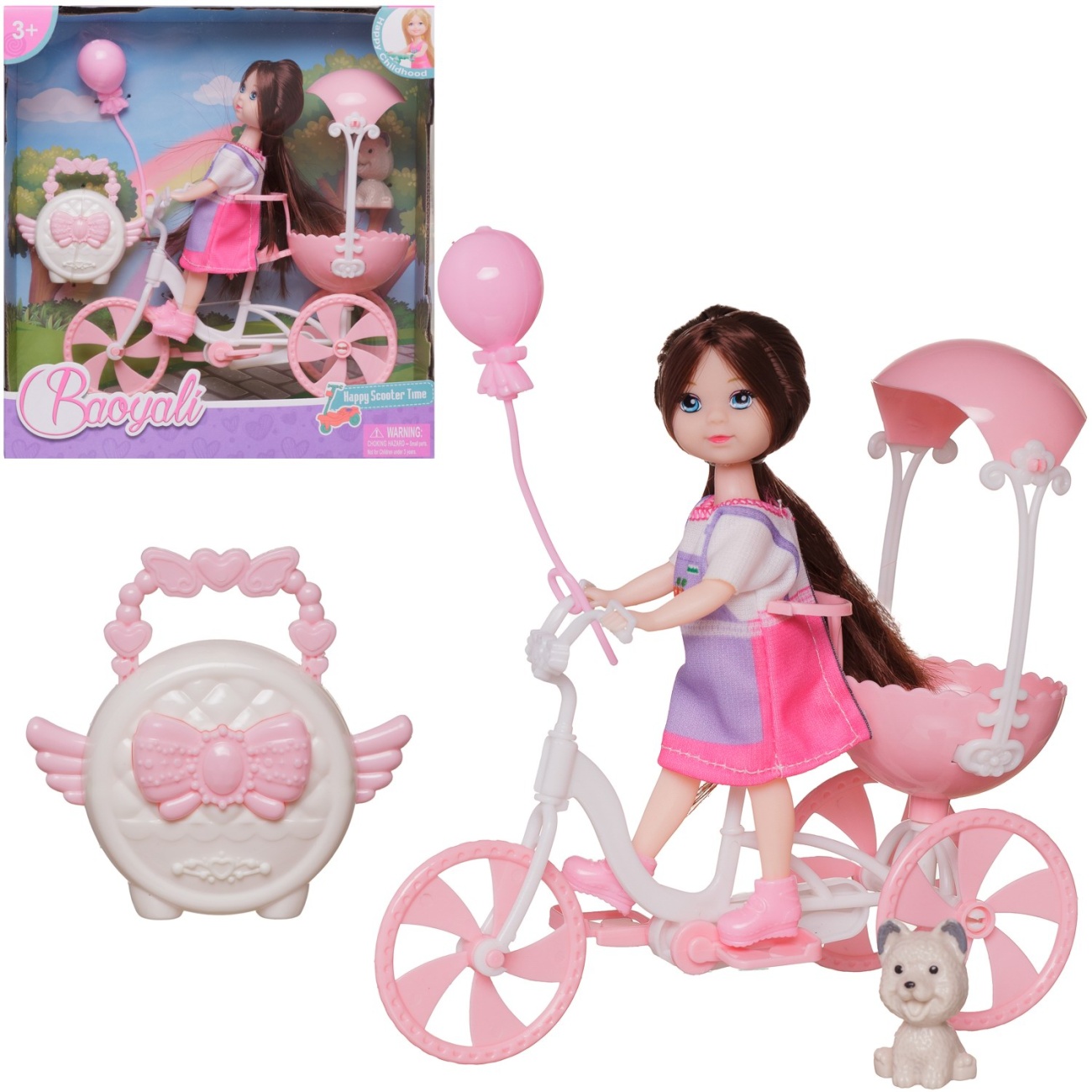 Игровой набор Junfa Кукла 13 см на бело-розовом велосипеде WJ-34687/бело-розовый
