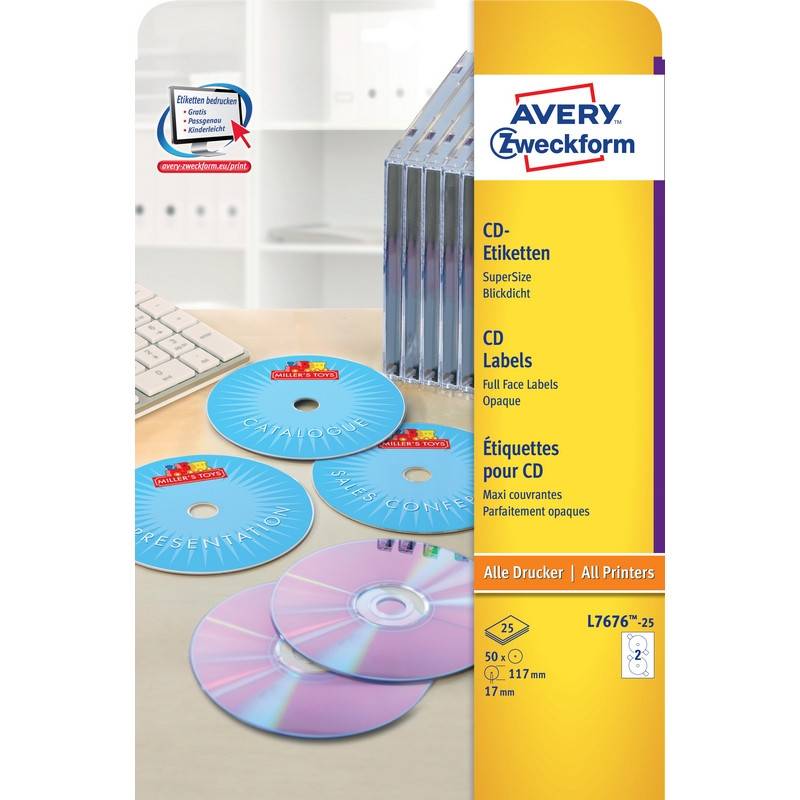 Этикетки самоклеящиеся для CD/DVD, д/17, 50 шт, Avery Zweckform, L7676-25 96280