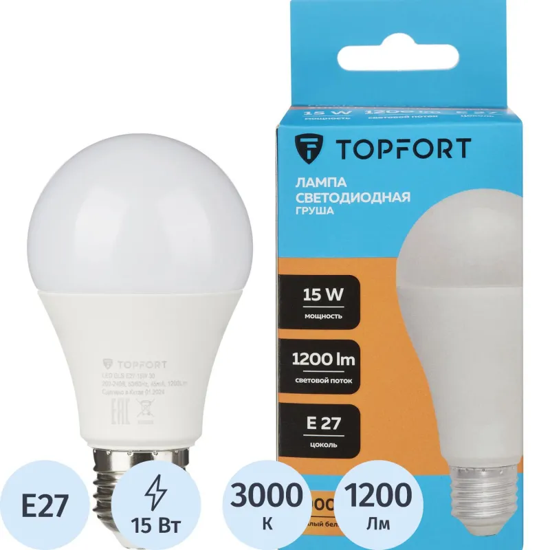 Лампа светодиодная Topfort E27 15W 3000K груша 1885120