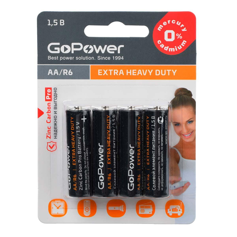 Батарейка GoPower R6 AA 4шт/бл Heavy Duty 1.5V (4/48/576) 1893677 00-00015594