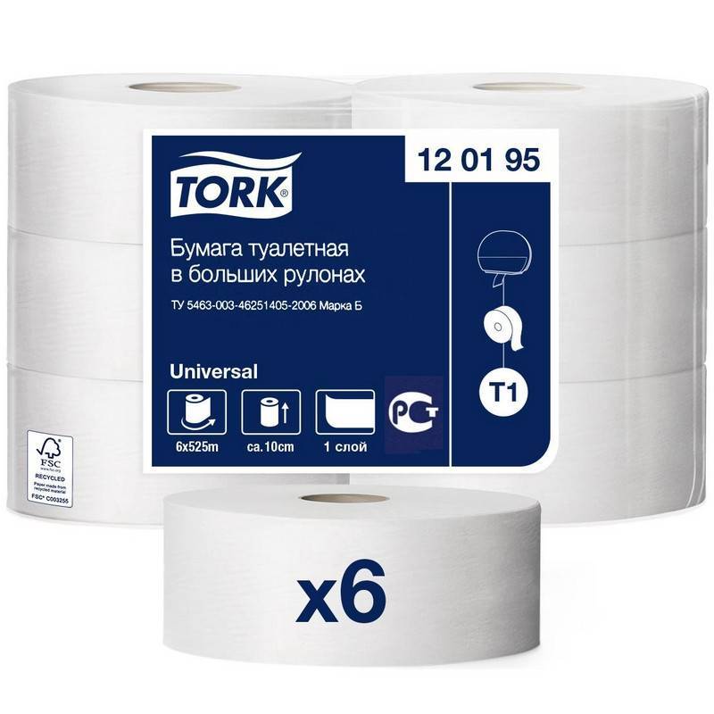 Бумага туалетная в рулонах Tork Universal T1 1-слойная 6 рулонов по 525 метров (120195) 350816