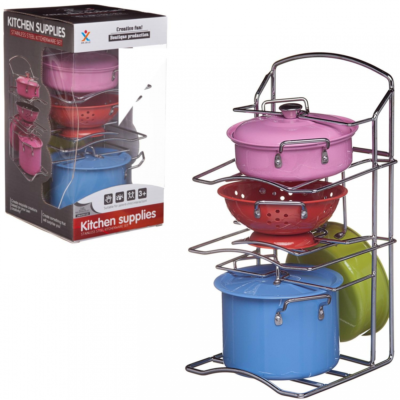 Игровой набор Junfa Посуда металлическая (разноцветная) с подставкой-держателем, в наборе 7 пр. WK-14814