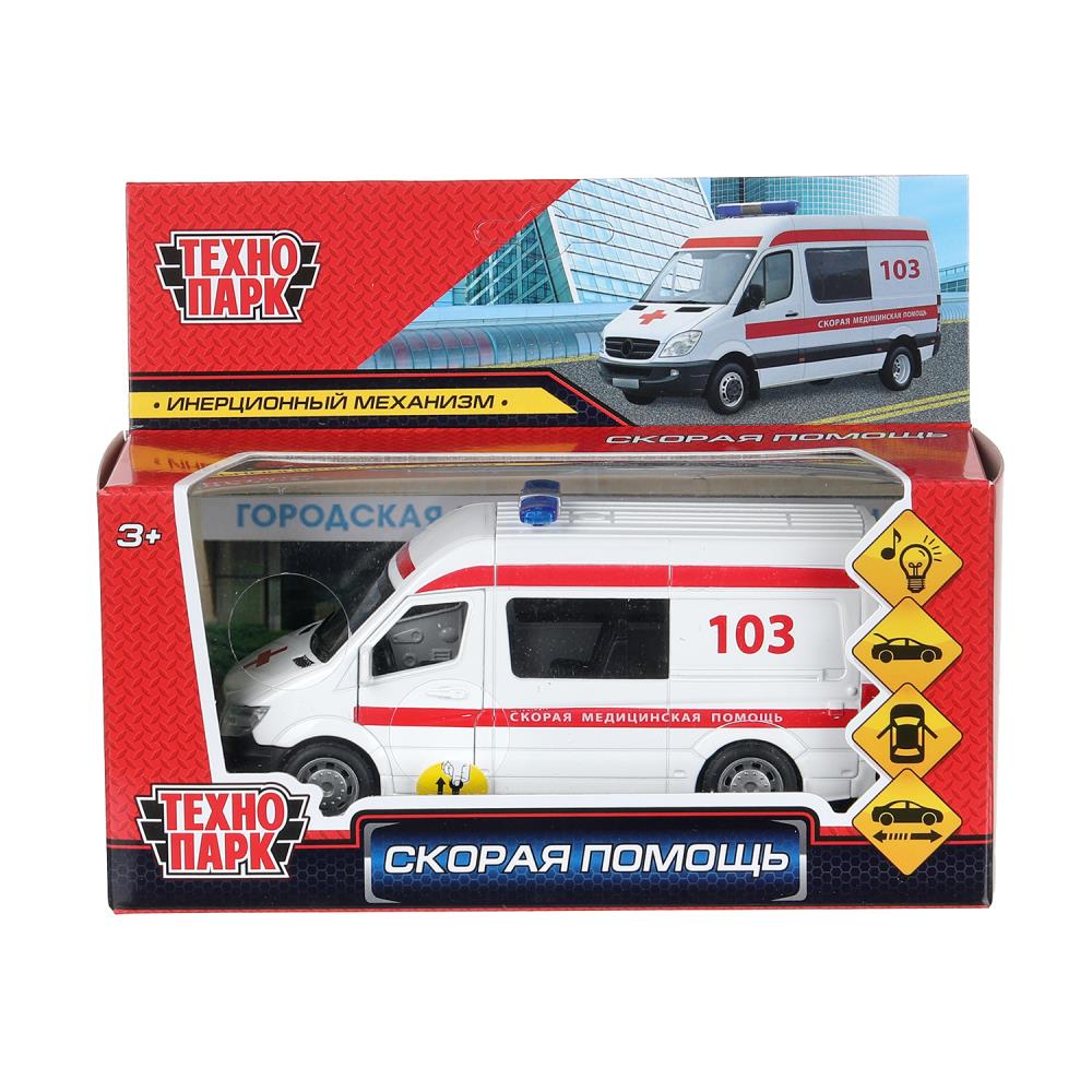 Машина металлическая свет-звук "Скорая Помощь", 14,5 см. инерция, белая Технопарк 887-27A-R-WOD