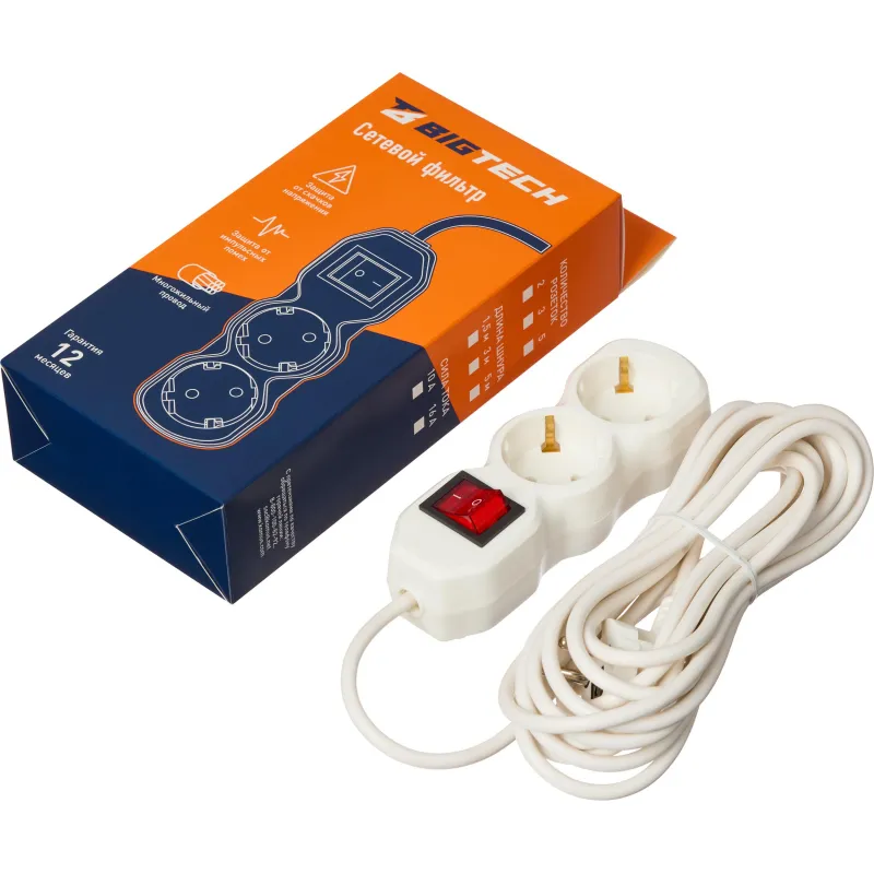 Сетевой фильтр BigTech ST210-5-W(2р/5м/10А/2,2кВт/3х0,75 мм2/белый) 2105947