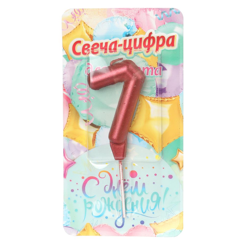 Свечи для торта цифра 7 красная металлик "С Днем Рождения" Чудо праздник CC-129155-HB