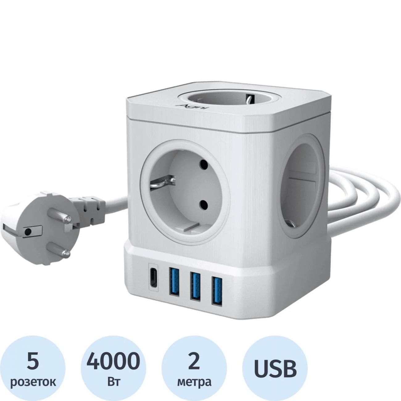 Сетевой фильтр AGNI 5р/2м,3USB 1TYPE-C,белый(TP-VE4U5E-C-2m-white) 2444470