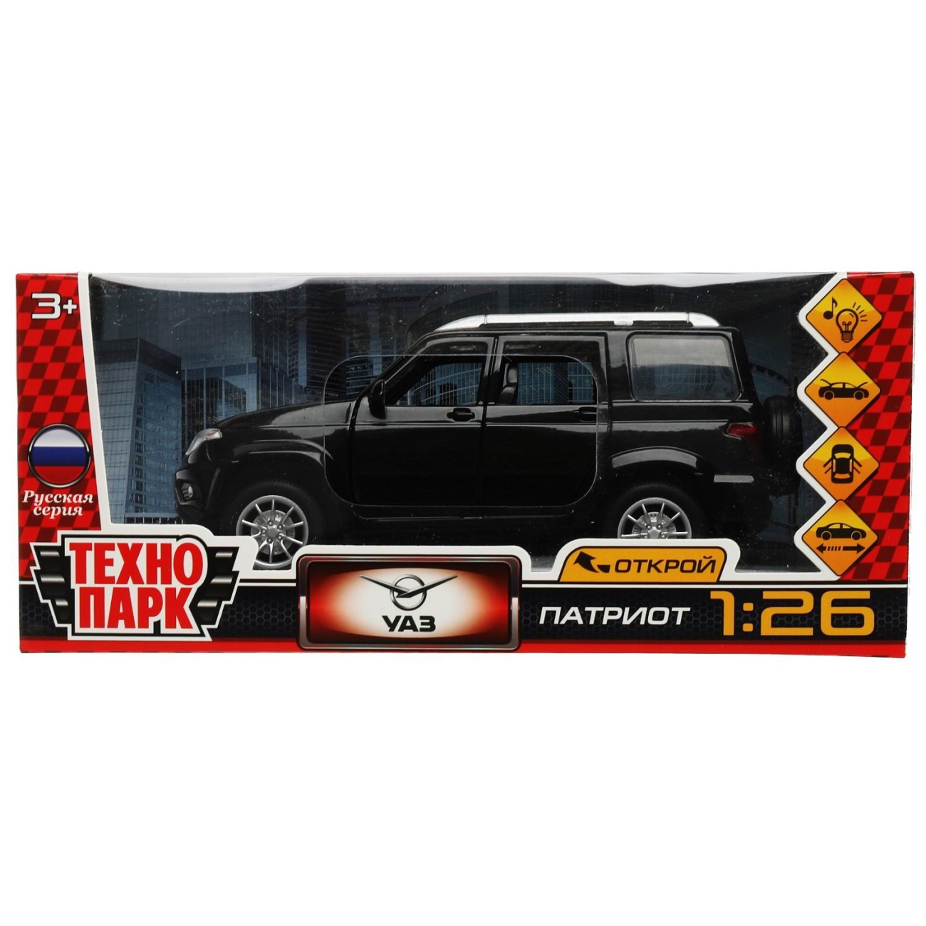 Машинка Технопарк UAZ Патриот 17,8 см Черный, свет/звук PATRIOT-124SL-BK