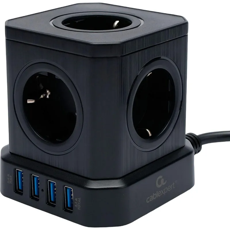 Сетевой фильтр Cablexpert Tower 5р/3м, 10А, 4хUSB, черный(TWR-5-U4-B-3) 2161348