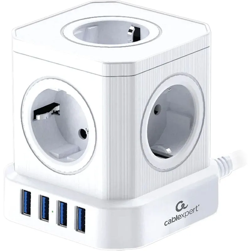 Сетевой фильтр Cablexpert Tower 5р/3м, 10А, 4хUSB, белый(TWR-5-U4-W-3) 2161349