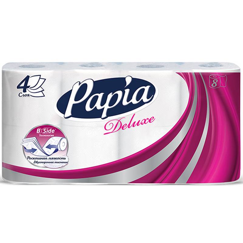 Бумага туалетная Papia Deluxe 4-слойная белая (8 рулонов в уп) 483017
