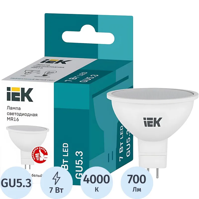 Лампа светодиодная Eco 7Вт софит 4000К GU5.3 IEK LLE-MR16-7-230-40-GU5 2082404 422026