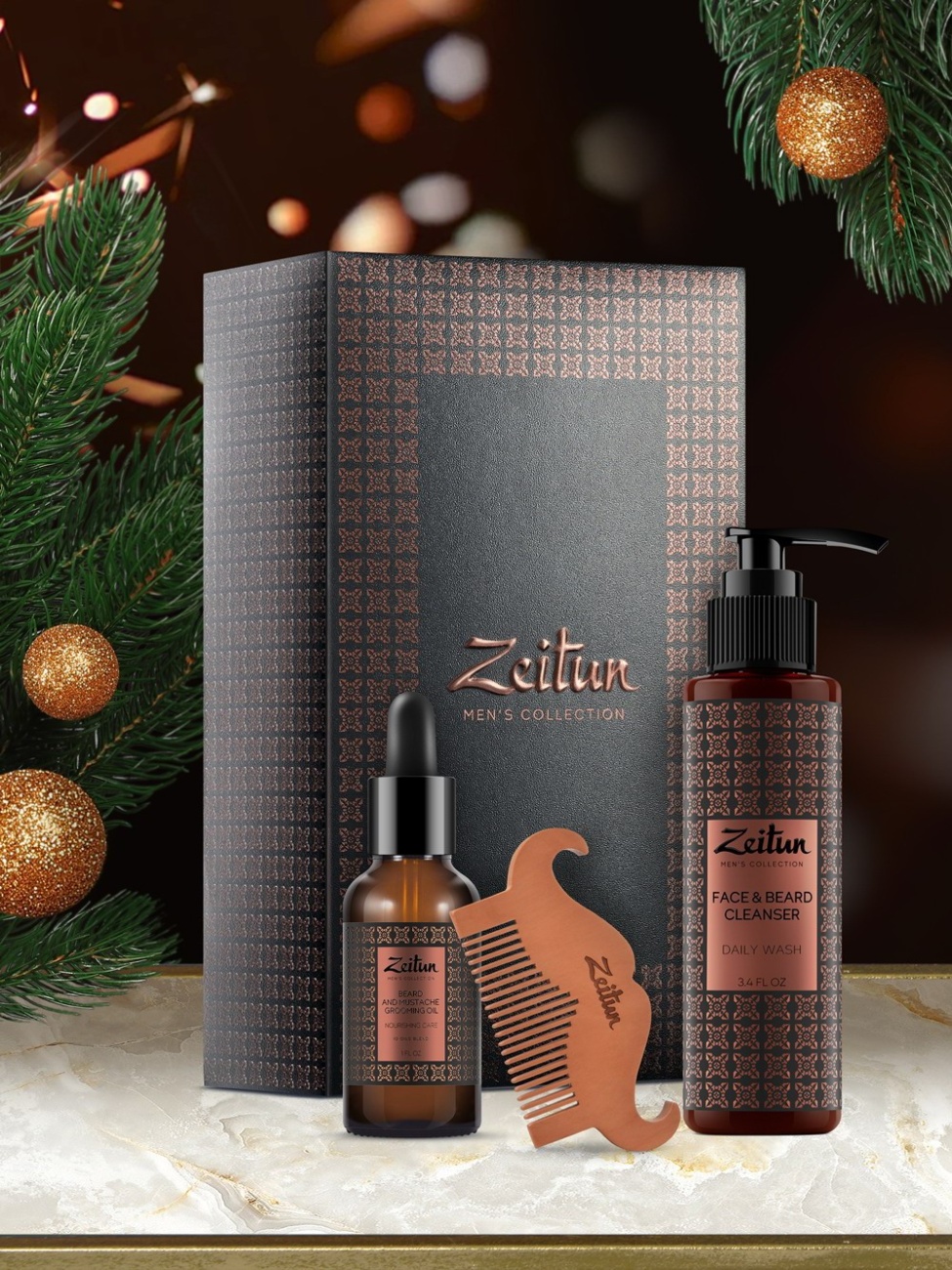 Подарочный набор ZEITUN для мужчин Брутальный уход: масло для бороды, гель для умывания, гребень 4660048356000