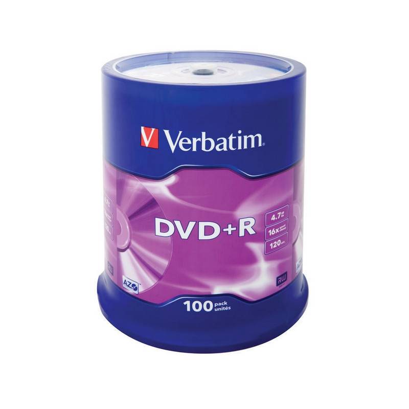 Носители информации DVD+R, 16x, Verbatim Azo Matt Silver, Cake/100, 43551 84140