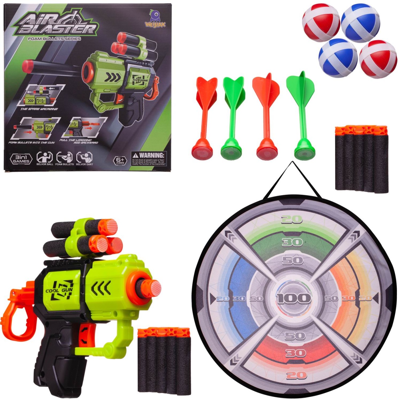 Игровой набор Junfa c бластером, мишенью, 10 мягкими пулями, 4 мячами, 4 дротиками DQ-04322