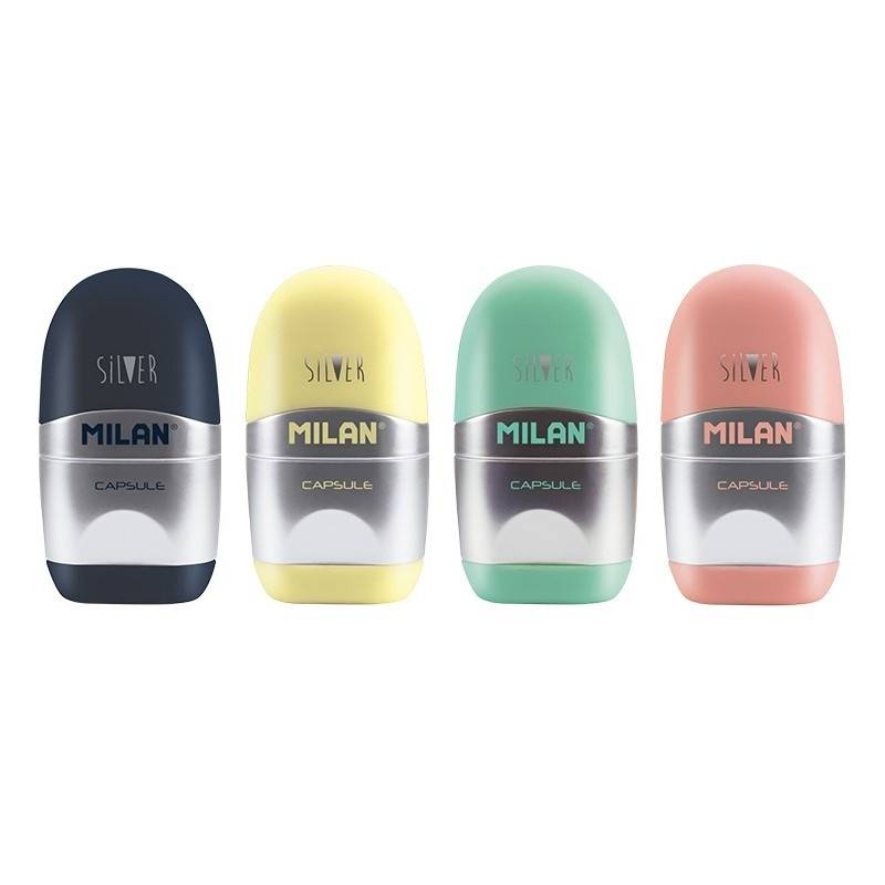 Ластик-точилка Milan CAPSULE SILVER+2 зап.ластика, цв в асс, блистBYM10356 973182