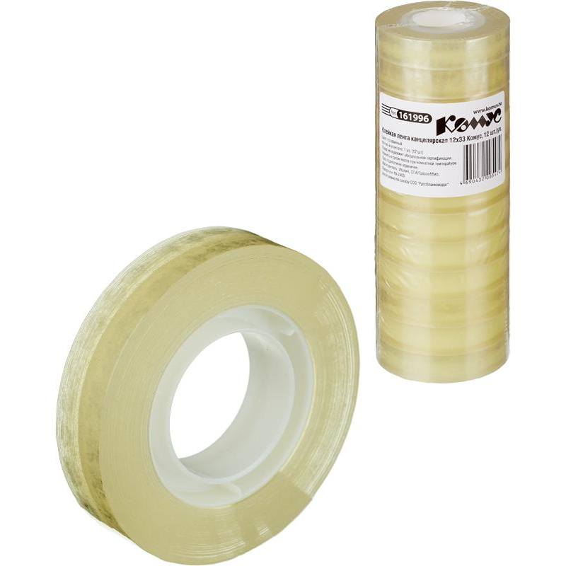 Клейкая лента канцелярская Комус 12х33, 12 шт./уп. 161996