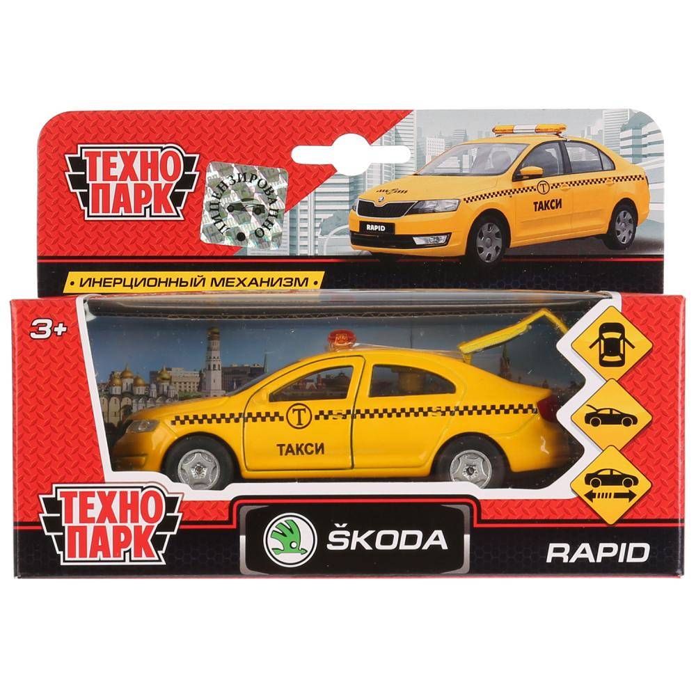 Машина металл.на инерции Skoda Rapid Такси 12 см (открываются двери) Технопарк SB-18-22-SR-T-WB