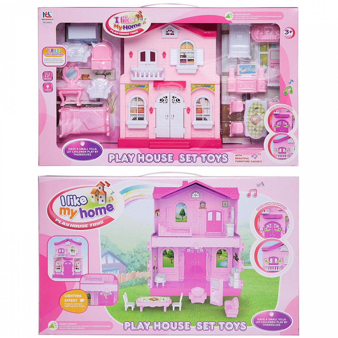 Кукольный дом Junfa "Мой новый дом" с мебелью, малый, сборный, розовый WK-15511