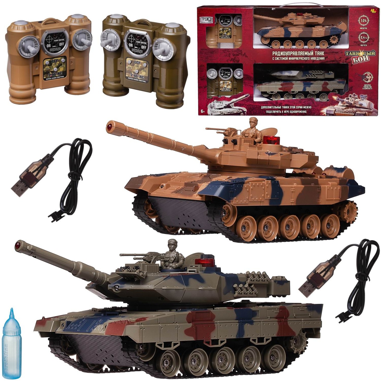 Танковый бой р/у, в наборе: 2 танка (Т90 и Леопард), свет/звук, функция холодного пара, с з/у, масштаб 1:24 C-00505
