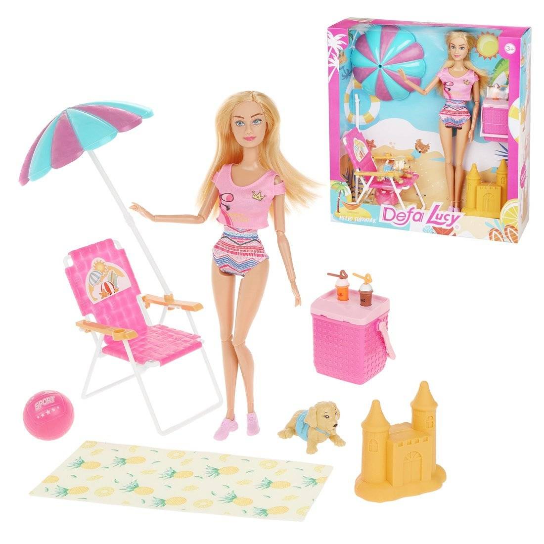 Игровой набор Пляжный отдых в компл. кукла 29см, предм. 7 шт. Defa 8475 pink