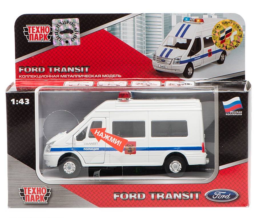 Машина металл инерционная Ford Transit "Полиция" свет/звук Технопарк SB-13-02-2