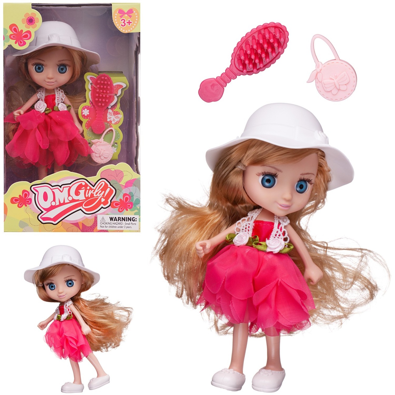 Кукла ABtoys Цветочная фантазия в ярко-розовом платье и белой шляпке 16,5 см 65006/ярко-розовое