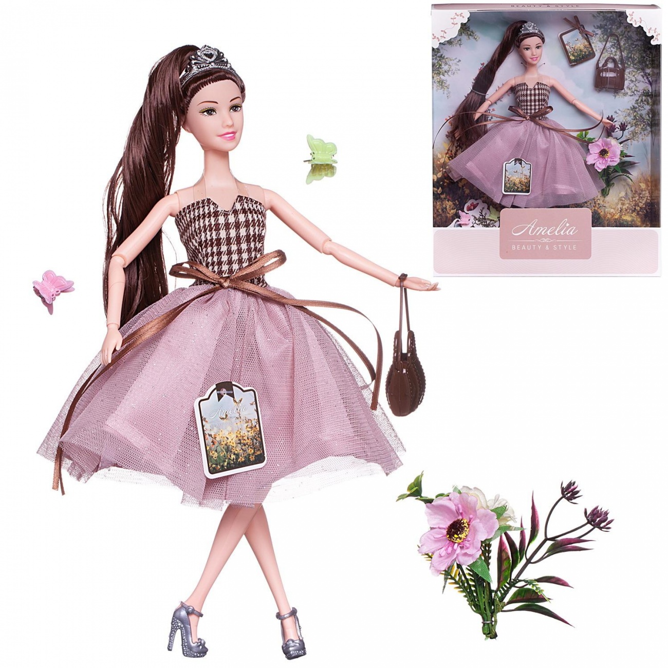 Кукла ABtoys Amelia. Летний вечер в платье с двухслойной розовой юбкой, темные волосы 30см PT-01632