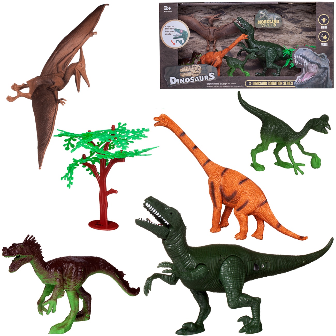 Игровой набор Junfa Динозавры (5 динозавров, детали д/сборки динозавра, пальма) свет/звук WA-19274
