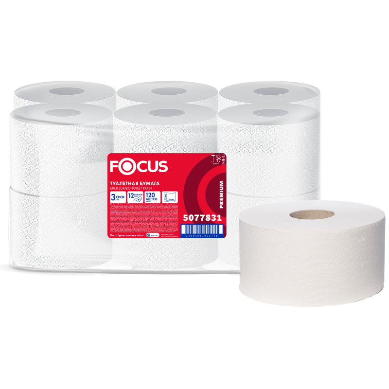 Бумага туалетная д/дисп Focus Jumbo Premium 3сл белцел120м 12рул/уп 5077831 1594287