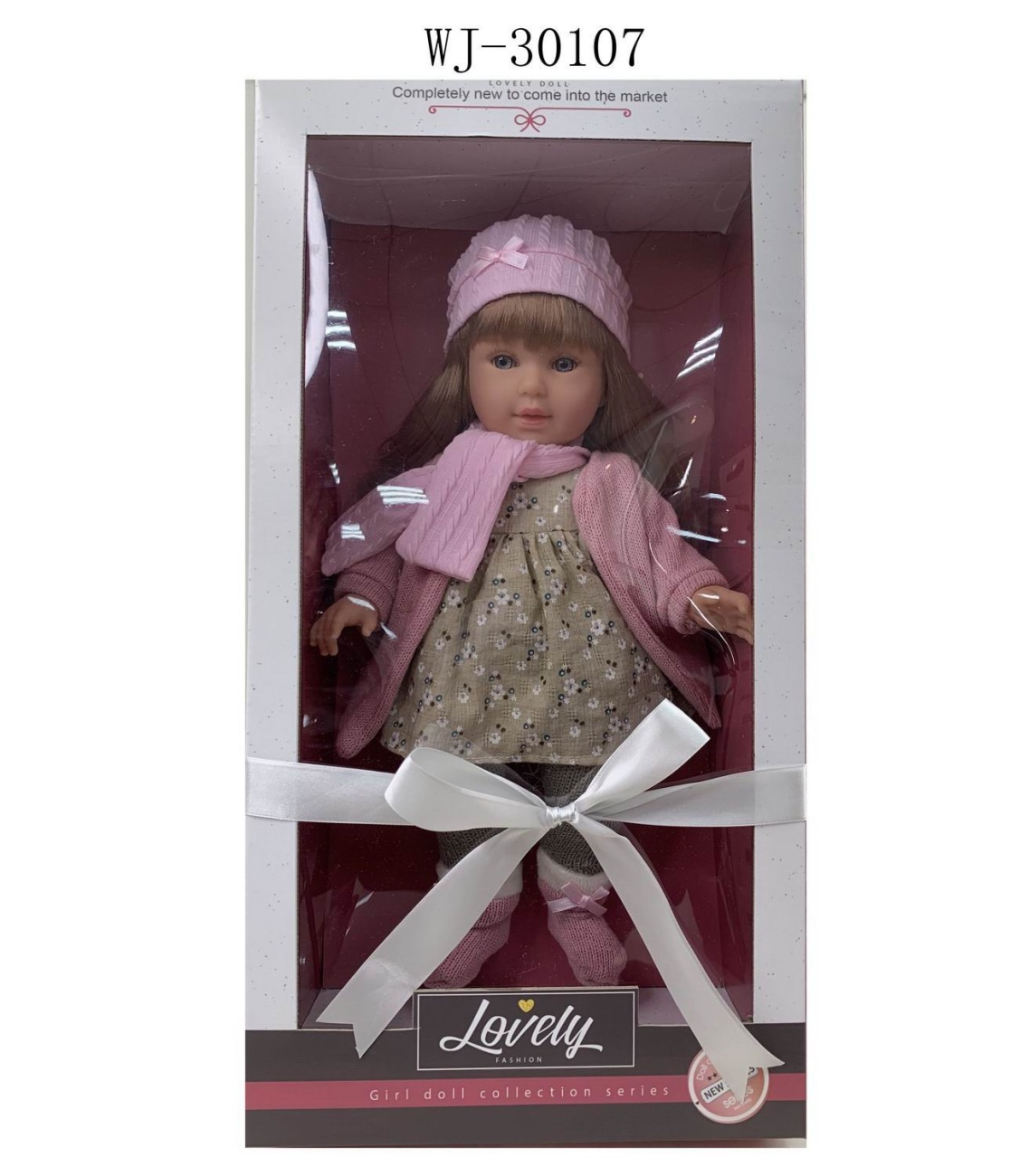 Кукла Junfa в теплой одежде: в сером платье и розовых кофте, шапке, шарфе 45 см WJ-30107