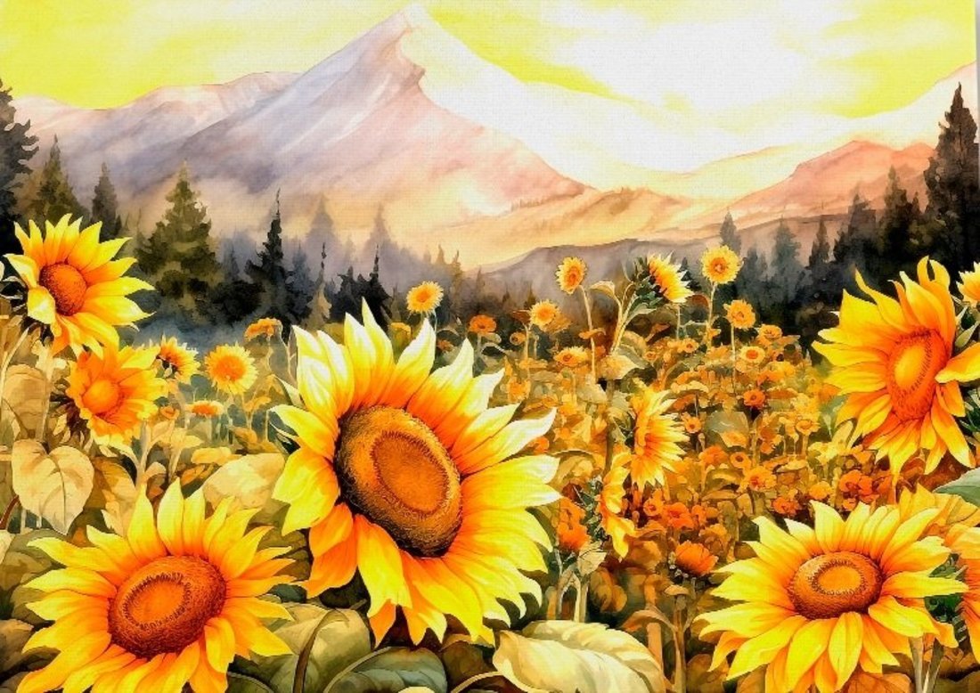 Алмазная мозаика Подсолнухи у гор, 30х40 см, 30 цв. частич. заполнение, с подр. Рыжий Кот АЛМ-0075