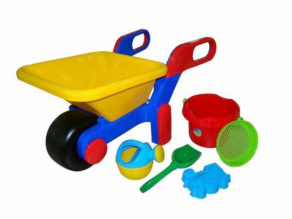 Набор игрушек для песочницы: Тачка, ведро большое, ситечко, лопатка, формочка, лейка Полесье П-41838