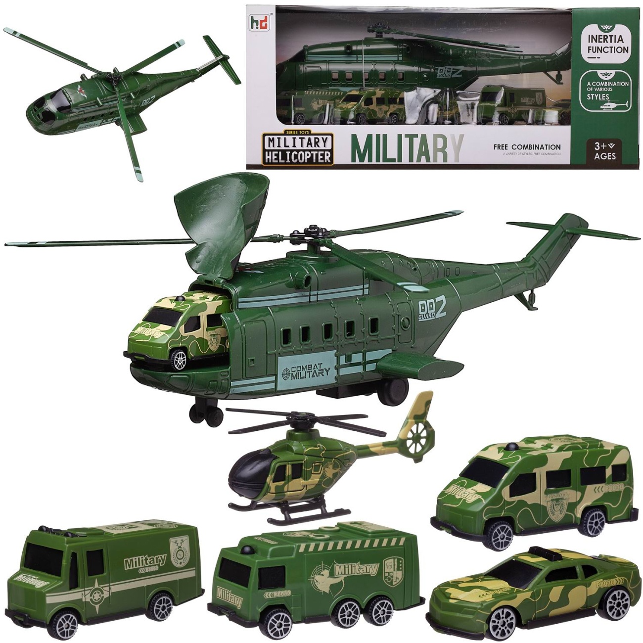 Игровой набор Junfa Вертолет военный грузовой с 4 машинками и вертолетом WZ-26394