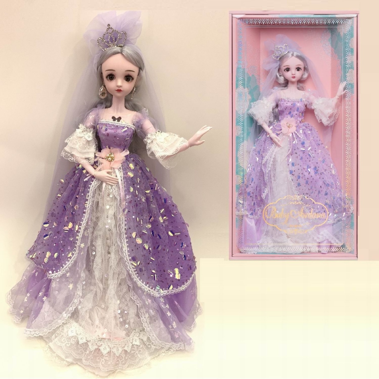 Кукла Junfa Ardana Princess 60 см с диадемой в роскошном длинном сиреневом платье WJ-36571/сиреневое