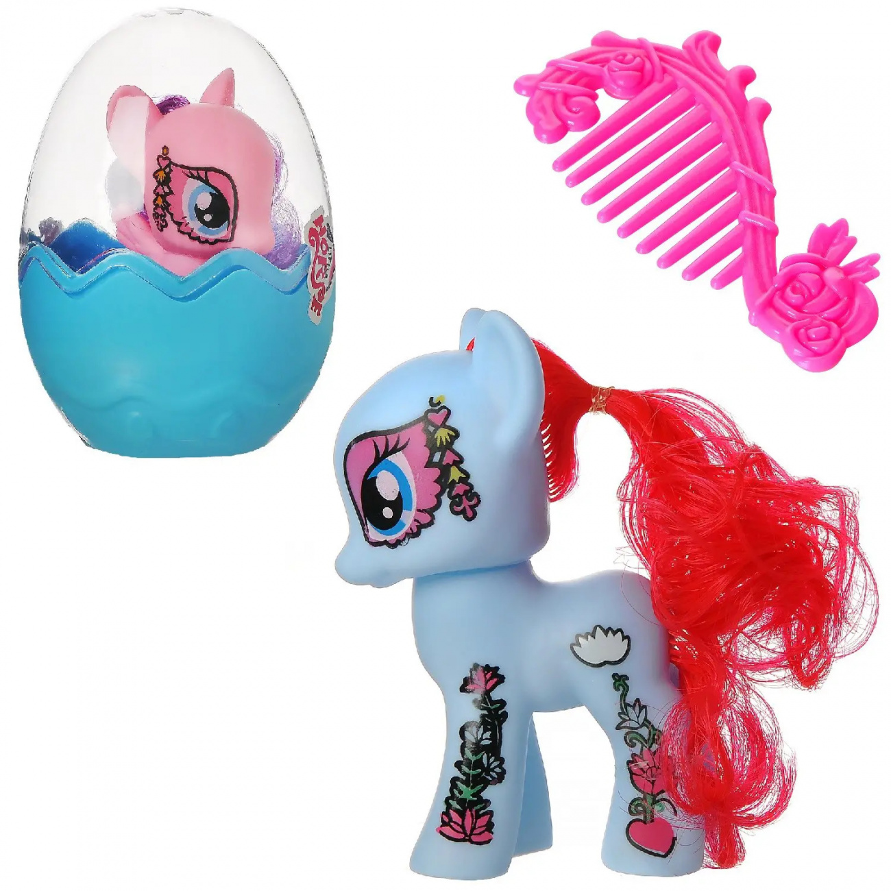 Пони Junfa голубая с расческой в яйце (с узорами) S1235/голубая