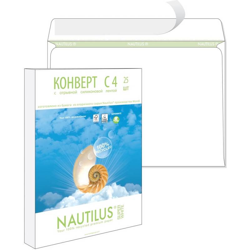 Конверт Nautilus Bong C4 90 г/кв.м белый стрип с внутренней запечаткой (25 шт в уп) 389226