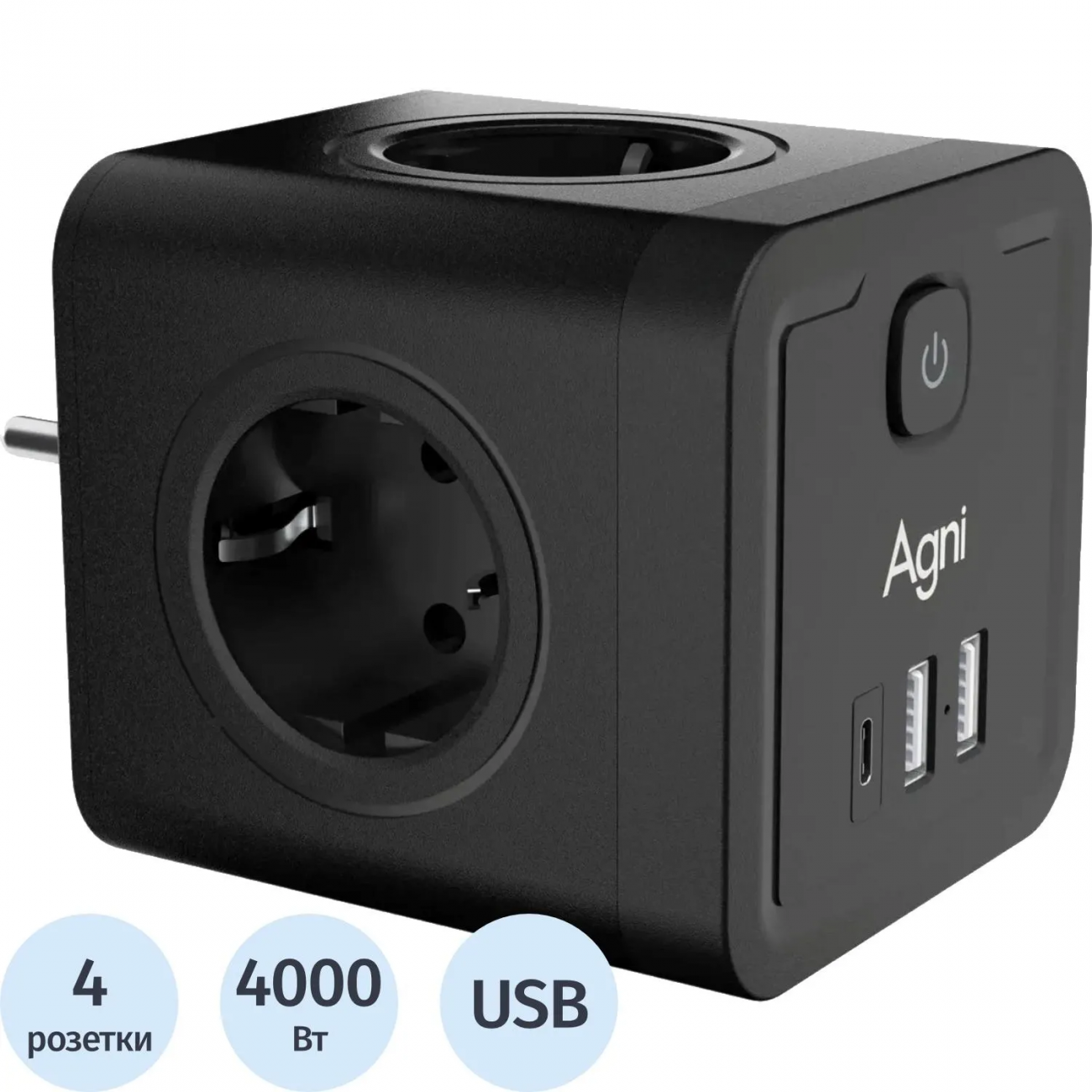 Тройник AGNI 4/220 + 2 USB + 1 Type C,черный(TP-WJ3U4E-C-black) 2444502