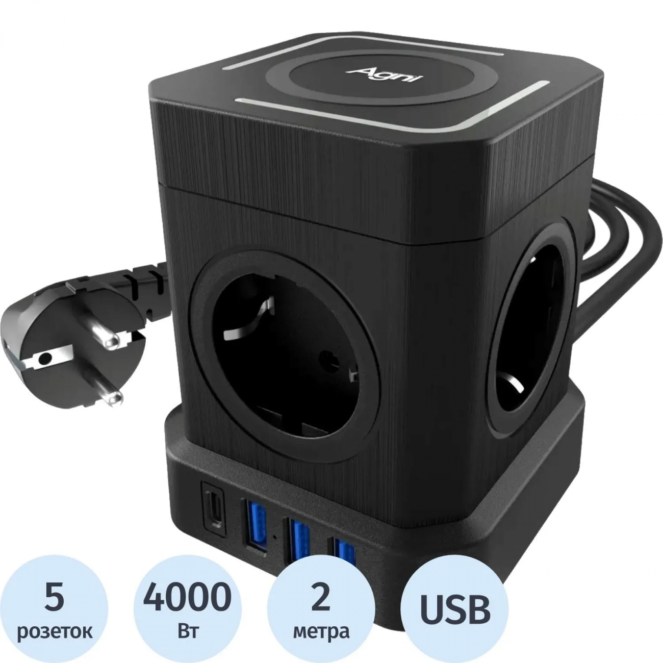 Сетевой фильтр AGNI  4р/2м,черный, 3USB + 1Type-C (TP-VE4U5E-C-W-2m-black) 2444469