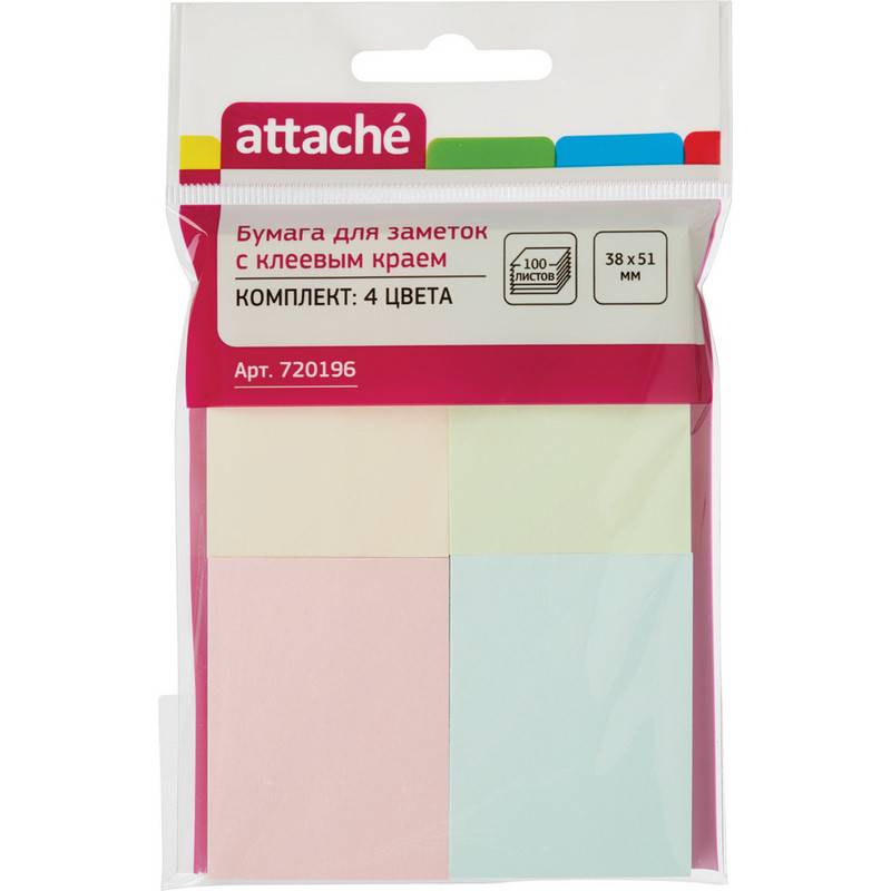 Стикеры Attache 38х51 мм пастельные 4 цвета (4 блока по 100 листов) 720196