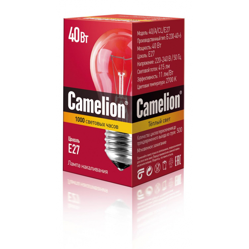 Лампа накаливания Camelion 40/A/CL/E27 40Вт Е27 гр 1505603 7276